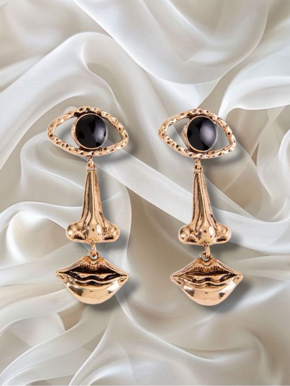 Surreal Face Statement Earrings Abstract Eye Nose Lips Design Gold Earrings